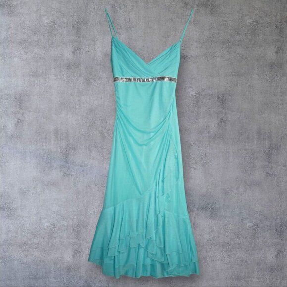 My Michelle Aqua Blue Slip Dress - Size M - Sequin Trim, Ruched Mesh, Ruffle Hem - Picture 1 of 16
